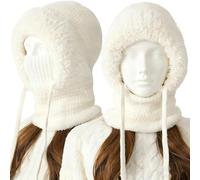 gorro 3 en 1 para mujer con bufanda y mascarilla integradas,women's winter knitted hat with scarf,conjunto de pañuelo y gorro grueso y cálido,Elástico Cálido Sombreros con Pompón-F