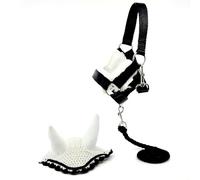 Gorro antiinsectos, color blanco y cabestro, color negro, con cordón para Hobby Horse y actividad de Hobby Horsing.