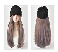 Gorro con Extensiones de Cabello para Mujer Gorros largos sintéticos con pelucas de pelo for mujer, peluca sintética de pelo liso de 24 pulgadas, gorro de punto de esquí suave y cálido for Otoño e Inv