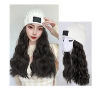 Gorro con Extensiones de Cabello para Mujer Peluca de sombrero de pelo largo y recto Peluca de sombrero de punto de fibra sintética de pelo negro natural de 28 pulgadas for uso diario de mujer Peluca