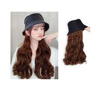 Gorro con Extensiones de Cabello para Mujer Peluca sintética for mujer Conexión de cabello marrón negro ondulado natural con sombrero de pescador negro for niñas Peluca de Sombrero para Mujer(Color:AT