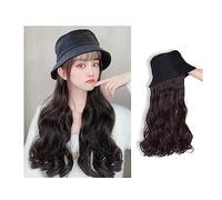 Gorro con Extensiones de Cabello para Mujer Peluca sintética for mujer Conexión de cabello marrón negro ondulado natural con sombrero de pescador negro for niñas Gorra con Peluca (Color : AT63-4)