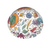 Gorro de baño colorido dibujado a mano sobre estampado blanco para cabello largo y corto, gorro de baño lavable con banda elástica para cabello largo, trenzado