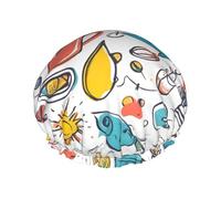 Gorro de baño colorido dibujado a mano sobre estampado blanco para cabello largo y corto, gorro de baño lavable con banda elástica para cabello largo, trenzado