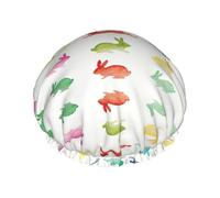 Gorro de baño con estampado de conejo arcoíris, protector de pelo de doble capa, cubierta elástica para lavar la cara, 27 cm