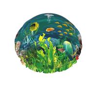 Gorro de baño reutilizable con estampado de mundo submarino coloreado, cubierta de pelo de doble capa para cabello largo y grueso, casco de 10.6 pulgadas