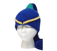 Gorro de cola de caballo con perlas de dibujos animados para niños, tejido a mano, transpirable, gorro de ganchillo para vacaciones, ropa de princesa de punto, azul, Talla única