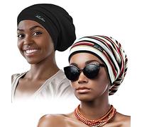 Gorro de Dormir Ajustable con Forro de satén para rastas, Cabello Rizado, Cabeza Grande, permanece en la Noche, Rayas D y Negro, Talla única