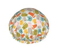 Gorro de ducha abstractCute colorido gato de dibujos animados grande reutilizable impermeable, gorro de ducha de doble capa para mujer, gorro de ducha para ducha con forro de Peva y cuerda elástica