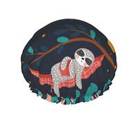 Gorro de ducha con diseño de árbol y luna para dormir con perezoso divertido, gorros de pelo largo reutilizables para mujer con banda elástica, gorro de ducha de baño de doble capa para adultos y niño