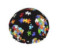 Gorro de ducha con diseño de corazón para concienciación sobre el autismo, para mujeres y hombres, reutilizable, doble capa, impermeable, duradero, transpirable