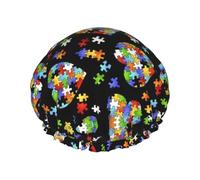 Gorro de ducha con diseño de corazón y piezas de rompecabezas para concienciación sobre el autismo, con gorro de ducha elástico e impermeable, reutilizable de doble capa, orejeras para hombres, mujere