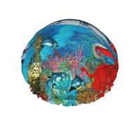 Gorro de ducha con diseño de delfines, tortugas marinas, tiburones, pulpos, arrecifes de coral, unisex, reutilizable, impermeable, largo, grueso, cuidado del cabello, corto, baño para niños