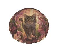 Gorro de ducha con diseño de gato vibrante caminando entre flores, de doble capa, reutilizable, impermeable, cómodo y elegante.