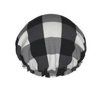 Gorro de ducha con estampado a cuadros blanco y negro para mujer, reutilizable, impermeable, doble capa, con correa elástica, talla única