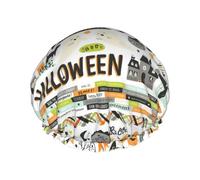 Gorro de ducha con estampado de álbum de recortes de Halloween, suave, ligero, gorro de ducha para mujer, ecológico, transpirable