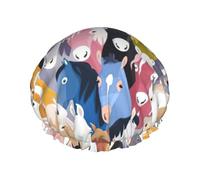 Gorro de ducha con estampado de caballos de dibujos animados coloridos para mujer, reutilizable, impermeable, doble capa, con correa elástica, talla única