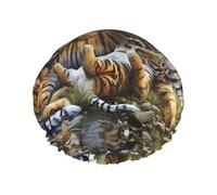 Gorro de ducha con estampado de cachorros de tigre de la selva para mujeres y hombres, gorro de baño reutilizable de doble capa con correa elástica L
