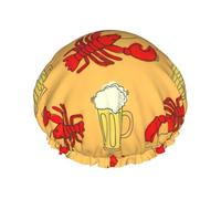 Gorro de ducha con estampado de cerveza y cangrejo de río para mujer, gorro de ducha grande lavable con banda elástica
