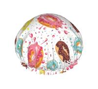 Gorro de ducha con estampado de dona n.° 9018, de doble capa, reutilizable, resistente al agua, grande, para mujer, con forro de Peva y cordón elástico.