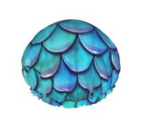 Gorro de ducha con estampado de escamas de pez verde azulado de sirena para mujer, ligero, reutilizable, suave, doble capa impermeable, a prueba de fugas.