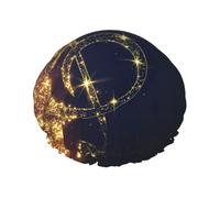 Gorro de ducha con estampado de estrella brillante dorada con nota musical caída para mujer, gorro de ducha grande lavable con banda elástica