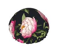 Gorro de ducha con estampado de flores de peonía para mujer, ligero, reutilizable, suave, impermeable, a prueba de fugas.