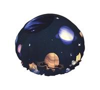 Gorro de ducha con estampado de galaxias de planetas y estrellas y la Vía Láctea para mujer, ligero, reutilizable, suave, doble capa impermeable, a prueba de fugas.