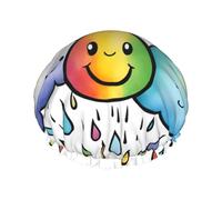 Gorro de ducha con estampado de gotas de lluvia de arcoíris para mujer, gorro de baño reutilizable, gorros de ducha transpirables, gorros de ducha ajustables