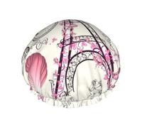 Gorro de ducha con estampado de la Torre de París y una bicicleta para mujer, ligero, reutilizable, suave, impermeable, a prueba de fugas.