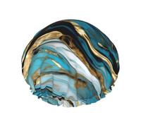 Gorro de ducha con estampado de mármol azul turquesa dorado para mujer, ligero, reutilizable, suave, impermeable, a prueba de fugas.
