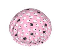 Gorro de ducha con estampado de oveja blanca sobre fondo rosa para mujer, gorro de baño elástico de doble capa para el hogar, spa, hotel y peluquería