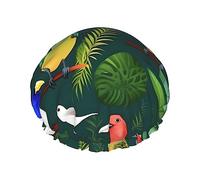 Gorro de ducha con estampado de pájaros tropicales y hojas de plantas para mujer, ligero, reutilizable, suave, impermeable, a prueba de fugas.