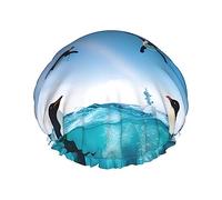 Gorro de ducha con estampado de pingüino feliz en el agua, gorro de baño reutilizable de doble capa, mantiene el cabello seco, se adapta a todas las cabezas