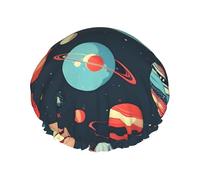 Gorro de ducha con estampado de planetas del espacio exterior, gorro de baño reutilizable, doble capa, correa elástica ajustable, esencial para viajes duradero