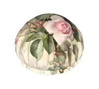 Gorro de ducha con estampado de rosas vintage, doble capa, transpirable, correa elástica ajustable, artículos esenciales duraderos para viajes de hotel
