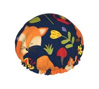 Gorro de ducha con estampado de zorro y flores de animal para mujer, gorro de ducha grande lavable con banda elástica