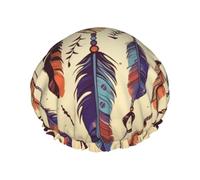 Gorro de ducha con gorro de baño elástico reutilizable para mujer, suave, doble capa, impermeable, gorro de pelo vintage, étnico, tribal, plumas, 1 gorros de ducha para pelos largos, cortos y rizados