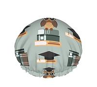 Gorro de ducha de baño de búho, lindos anteojos, gorro de graduación, libros sentados, gorros de ducha académicos de sabiduría animal para mujeres, gorro de ducha de baño doble, protección del cabel