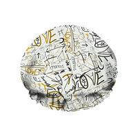 Gorro de ducha de baño impermeable doble Escritos caóticos negros dorados Texto Doodle Love Letter Gorro de ducha de moda reutilizable para mujeres Belleza, BathHair Spa, Home Hotel Travel Use