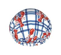 Gorro de ducha de doble capa a cuadros de cangrejo de río, reutilizable, impermeable, gorro de ducha grande para mujer, gorro de ducha para ducha con forro de Peva y cuerda elástica