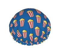 Gorro de ducha de doble capa azul con diseño de palomitas de maíz, reutilizable, impermeable, gorro de ducha grande para mujer, gorro de ducha para ducha con forro de Peva y cuerda elástica