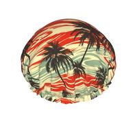 Gorro de ducha de doble capa con diseño de árbol de coco de río, reutilizable, impermeable, gorro de ducha grande para mujer, gorro de ducha para ducha con forro de Peva y cuerda elástica