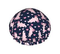 Gorro de ducha de doble capa con diseño de corazón de axolote rosa, reutilizable, resistente al agua, gorro de ducha grande para mujer, gorro de ducha para ducha con forro de Peva y cuerda elástica
