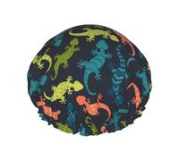 Gorro de ducha de doble capa con diseño de lagarto, multicolor, reutilizable, resistente al agua, gorro de ducha grande para mujer, gorro de ducha para ducha con forro de Peva y cuerda elástica