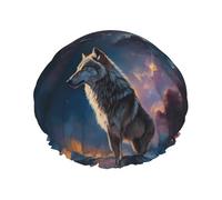 Gorro de ducha de doble capa con diseño de lobo de cielo nocturno, reutilizable, resistente al agua, gorro de ducha grande para mujer, gorro de ducha para ducha con forro de Peva y cuerda elástica