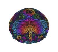 Gorro de ducha de doble capa con diseño de mandalas indias y libélulas, reutilizable, gorro de ducha grande para mujer, gorro de ducha con forro de Peva y cuerda elástica