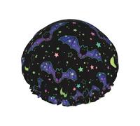 Gorro de ducha de doble capa con diseño de murciélago de cielo estrellado, reutilizable, impermeable, gorro de ducha grande para mujer, gorro de ducha para ducha con forro de Peva y cuerda elástica
