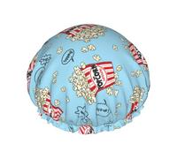 Gorro de ducha de doble capa con diseño de palomitas de maíz, reutilizable, impermeable, gorro de ducha grande para mujer, gorro de ducha para ducha con forro de Peva y cuerda elástica