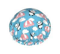 Gorro de ducha de doble capa con diseño de panda volando en el cielo, reutilizable, impermeable, gorro de ducha grande para mujer, gorro de ducha para ducha con forro de Peva y cuerda elástica